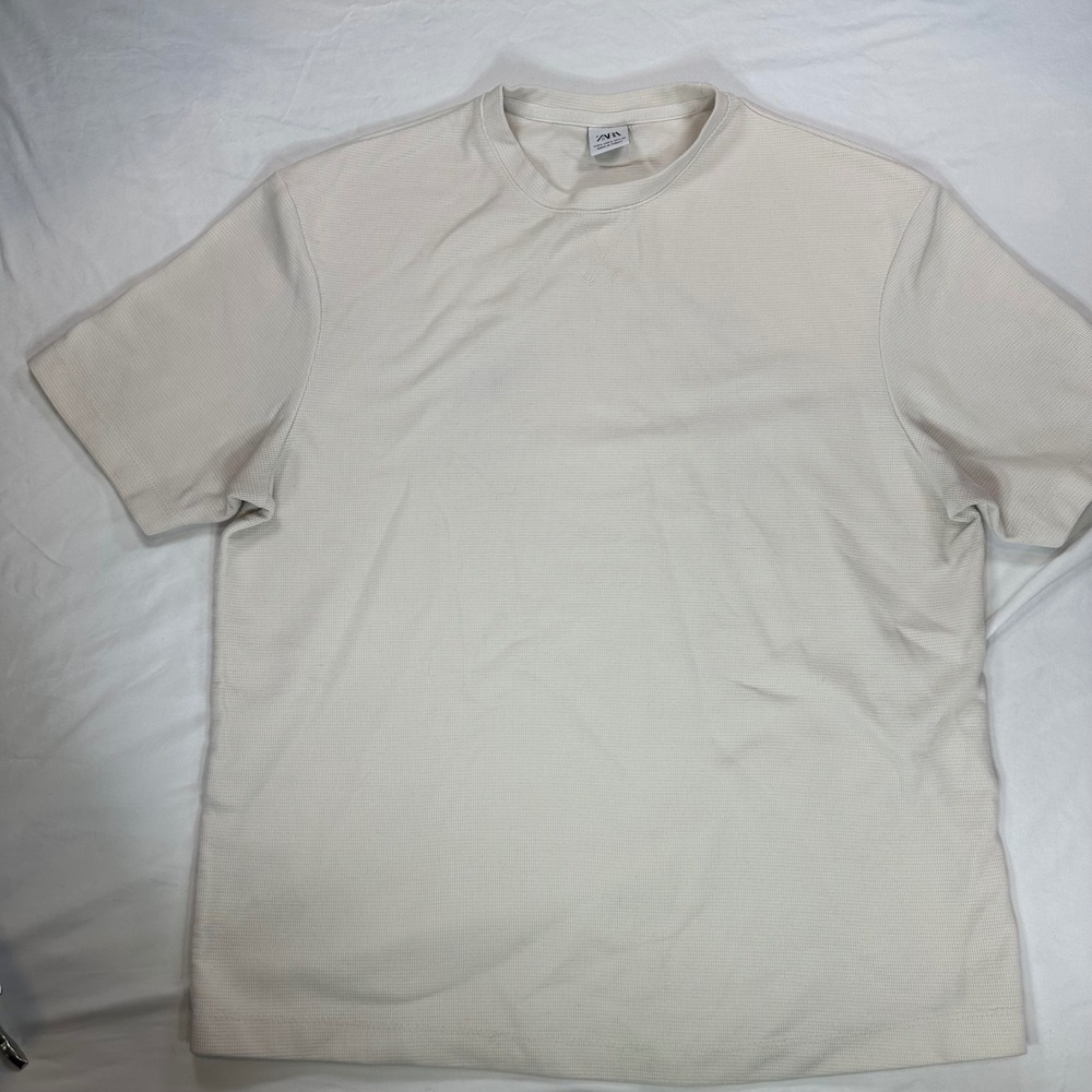 Zara Mens Waffle Knit T-Shirt Cream Off White Thermal Short Sleeve‎ Crewneck L